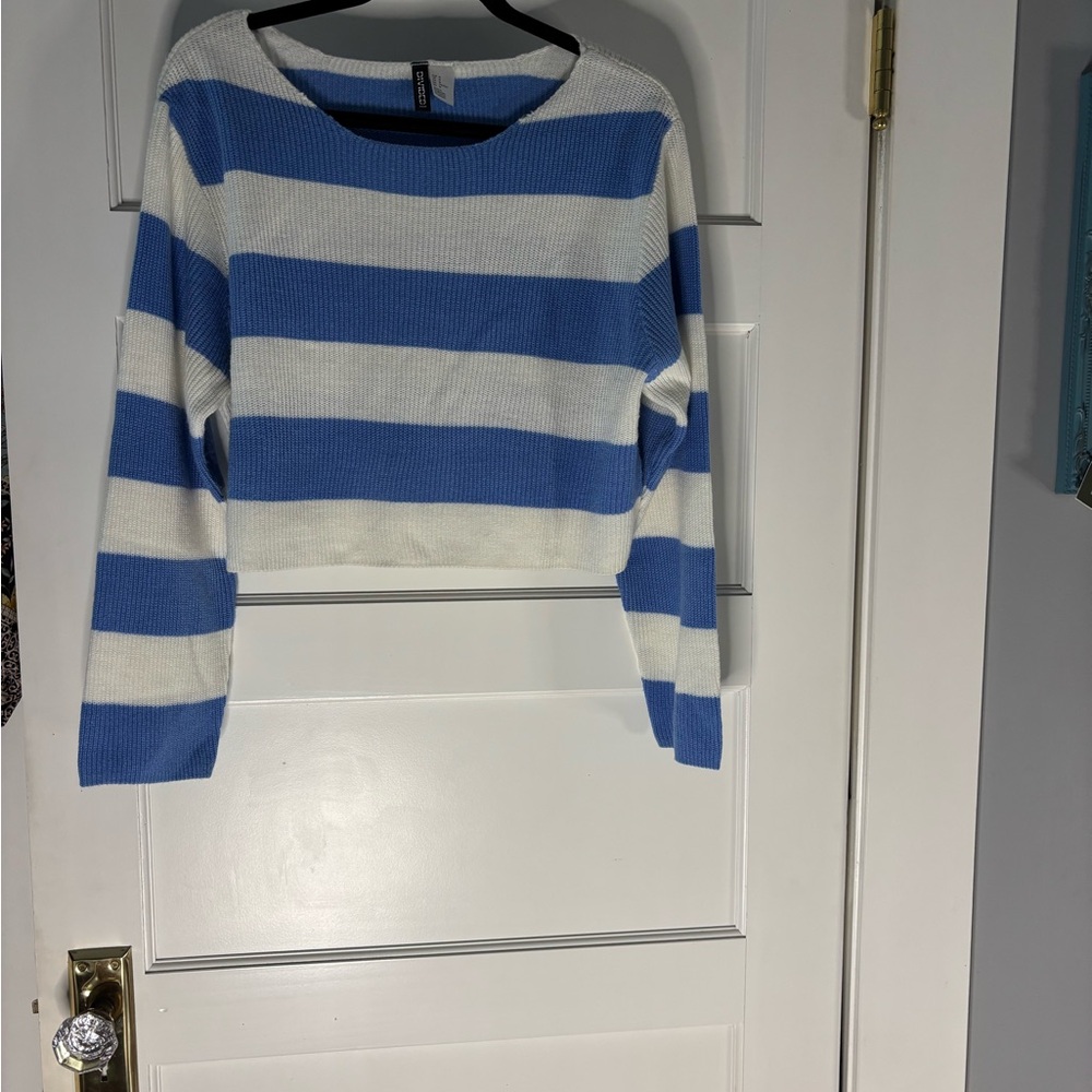 Divided Blue and White Striped Crew Neck Sweater